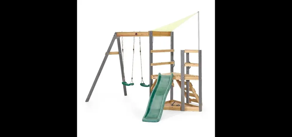 Preisknaller Holz Spielgerüst Barbary, Outdoor-Klettergerüst für Kinder, Doppelschaukel, Rutsche, Leiter, Sandkasten, anthrazit